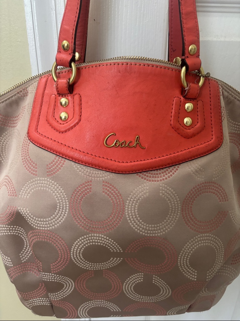 Coach Tote with Coral Trim and Signature Circle Jacquard - Picture 2 of 5